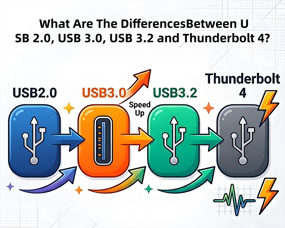 บล็อกบริษัทล่าสุดเกี่ยวกับ คู่มือข้อมูลจำเพาะ USB ฉบับสมบูรณ์ อะไรคือความแตกต่างระหว่าง USB2.0 USB3.0 USB3.2 และ Thunderbolt 4