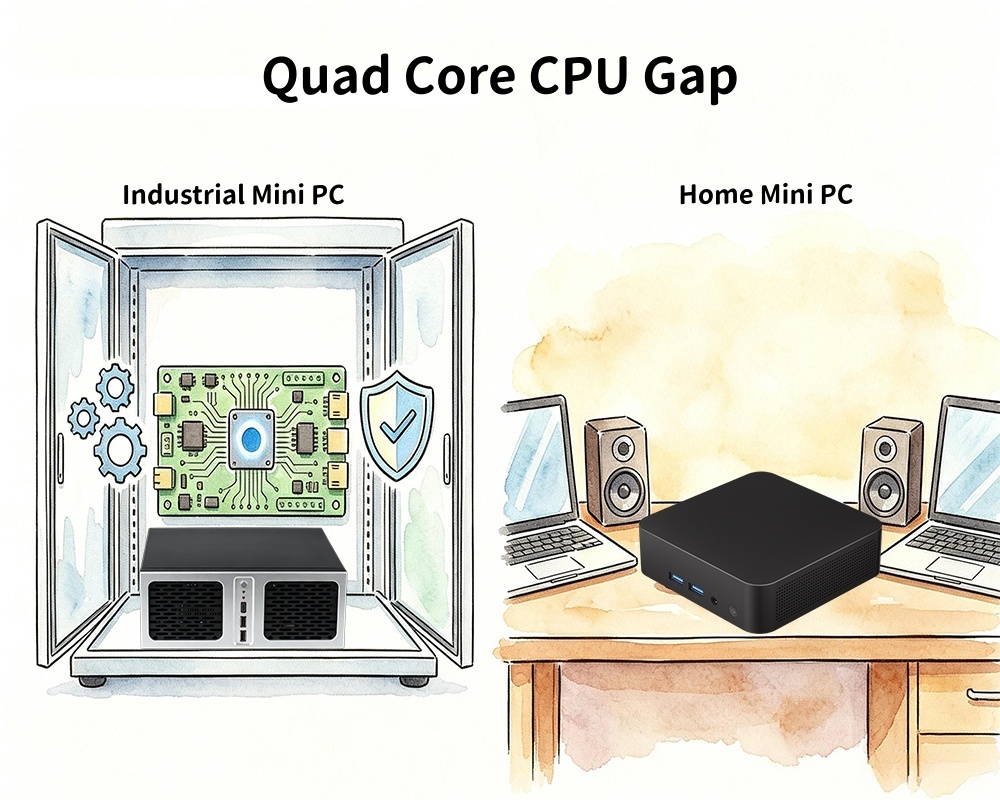 บล็อกบริษัทล่าสุดเกี่ยวกับ มินิพีซีอุตสาหกรรม Quad Core CPU Gap กับมินิพีซีที่บ้าน