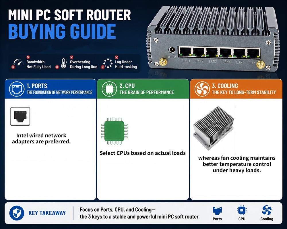 บล็อกบริษัทล่าสุดเกี่ยวกับ คู่มือการเลือกซื้อ Mini PC Soft Router วิธีเลือกพอร์ตเครือข่าย ซีพียู และระบบระบายความร้อน พร้อมข้อมูลการทดสอบจริง