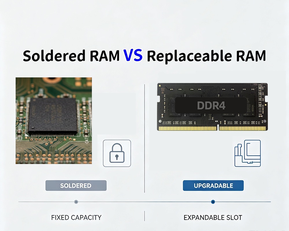 บล็อกบริษัทล่าสุดเกี่ยวกับ RAM บัดกรี VS RAM ถอดเปลี่ยนได้ การเปรียบเทียบเชิงลึกเกี่ยวกับศักยภาพในการอัปเกรด Mini PC