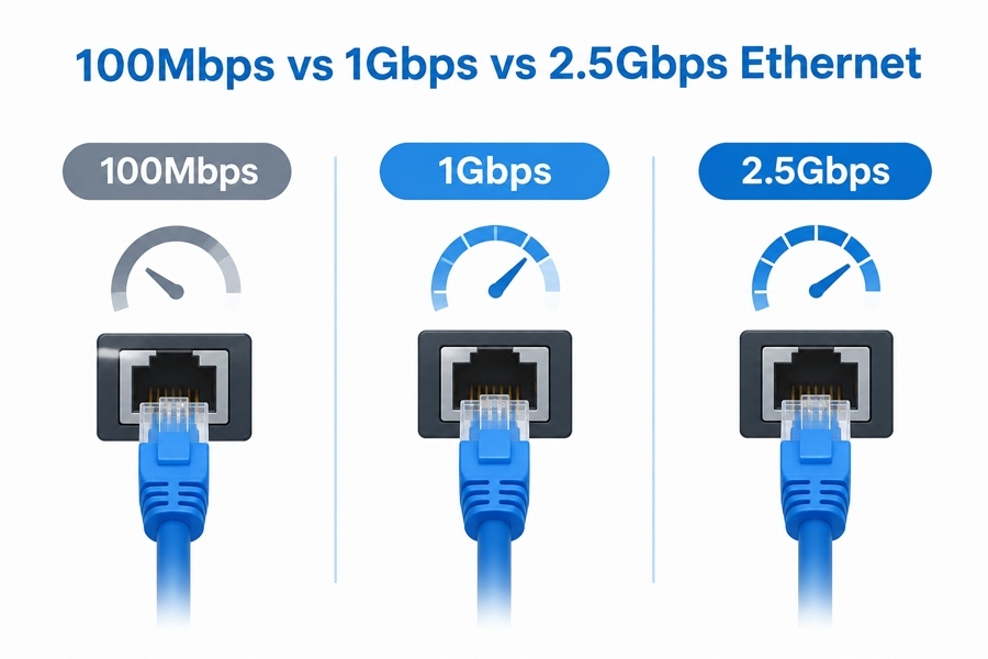บล็อกบริษัทล่าสุดเกี่ยวกับ 100Mbps vs 1Gbps vs 2.5Gbps Ethernet: ความเร็วเครือข่าย PC อุตสาหกรรมส่งผลต่อความช้า