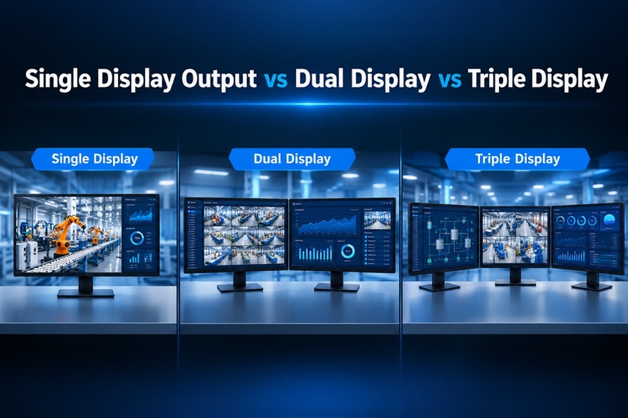บล็อกบริษัทล่าสุดเกี่ยวกับ Single Display Output vs Dual Display vs Triple Display: Comparison of Multi screen Output Capability of Industrial PCs